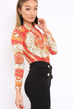 Rebellious Fashion Orange and Red Scarf Print Plunge Bodysuit - Chrissy