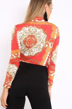 Rebellious Fashion Orange and Red Scarf Print Plunge Bodysuit - Chrissy