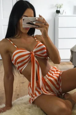Rebellious Fashion Orange And White Striped Crop Top And Shorts Co-ord - Freida