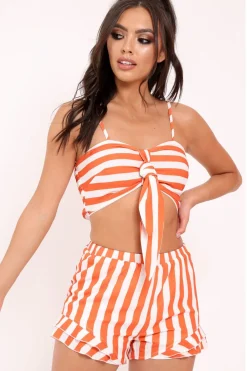 Rebellious Fashion Orange And White Striped Crop Top And Shorts Co-ord - Freida