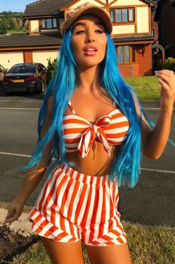 Rebellious Fashion Orange And White Striped Crop Top And Shorts Co-ord - Freida