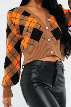 Rebellious Fashion Orange Argyle Print Knit Cardigan - Dazie