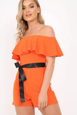 Rebellious Fashion Orange Bardot Frill Belted Playsuit - Saffron