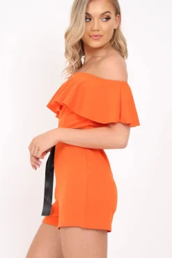 Rebellious Fashion Orange Bardot Frill Belted Playsuit - Saffron