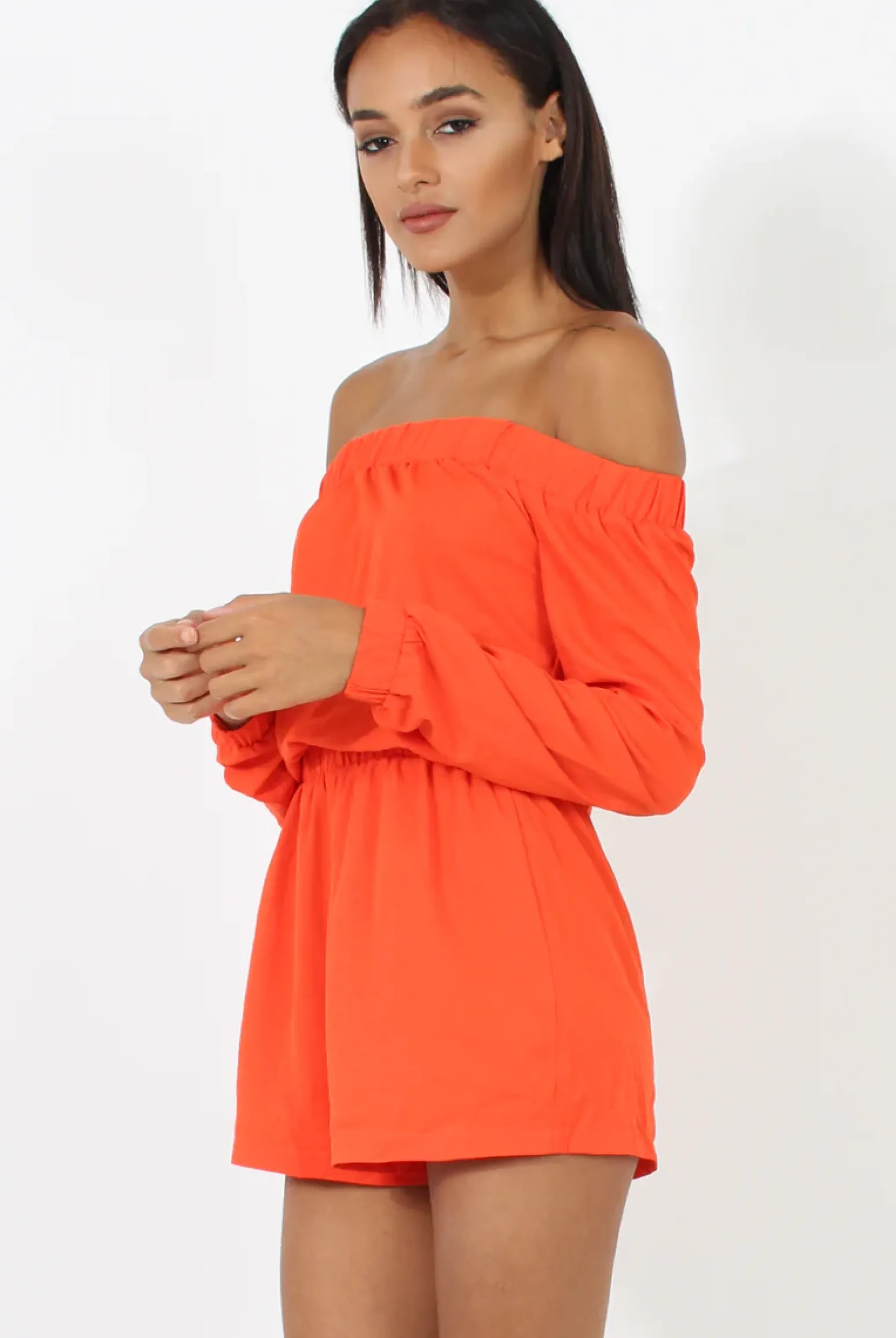 Rebellious Fashion Orange Bardot Long Sleeved Playsuit - Lateysha