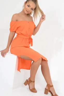 Rebellious Fashion Orange Bardot Puff Sleeve Button Midi Dress - Jacinta