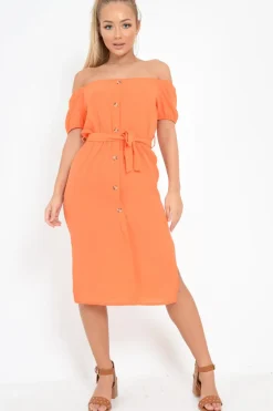 Rebellious Fashion Orange Bardot Puff Sleeve Button Midi Dress - Jacinta