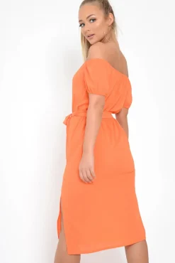 Rebellious Fashion Orange Bardot Puff Sleeve Button Midi Dress - Jacinta