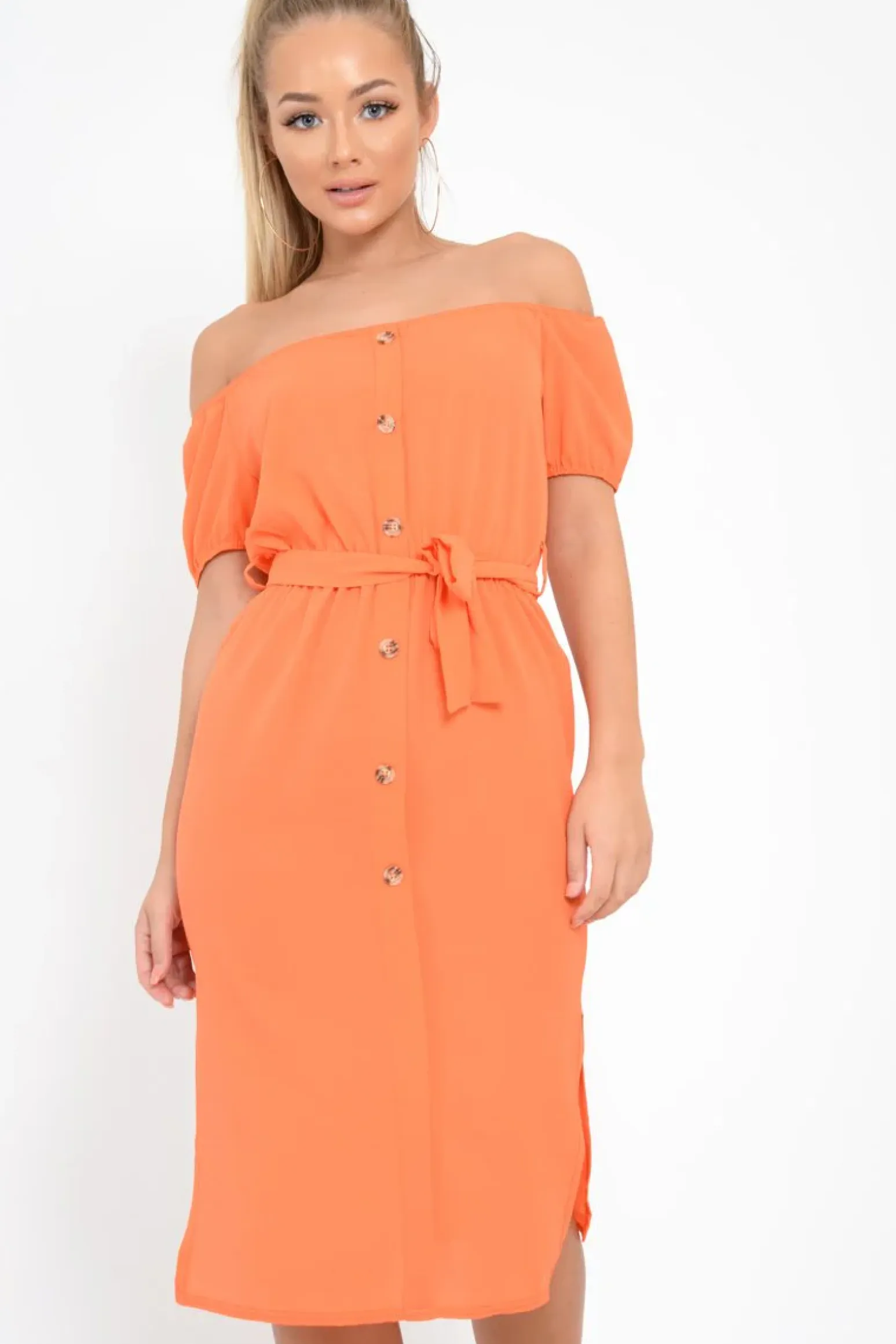 Rebellious Fashion Orange Bardot Puff Sleeve Button Midi Dress - Jacinta
