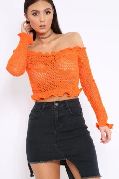 Rebellious Fashion Orange Bardot Ruffle Hem Crochet Top - Byrdie