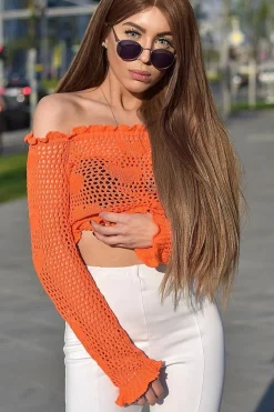 Rebellious Fashion Orange Bardot Ruffle Hem Crochet Top - Byrdie