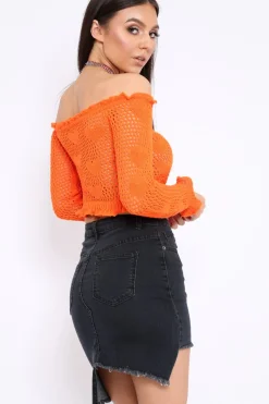 Rebellious Fashion Orange Bardot Ruffle Hem Crochet Top - Byrdie
