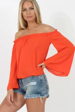 Rebellious Fashion Orange Bardot Three Quarter Bell Sleeve Crop- Chantelle