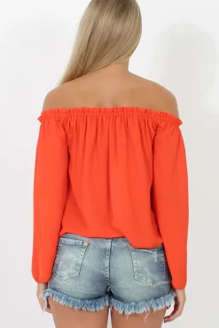 Rebellious Fashion Orange Bardot Three Quarter Bell Sleeve Crop- Chantelle