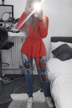 Rebellious Fashion Orange Belted Blazer - Kenna