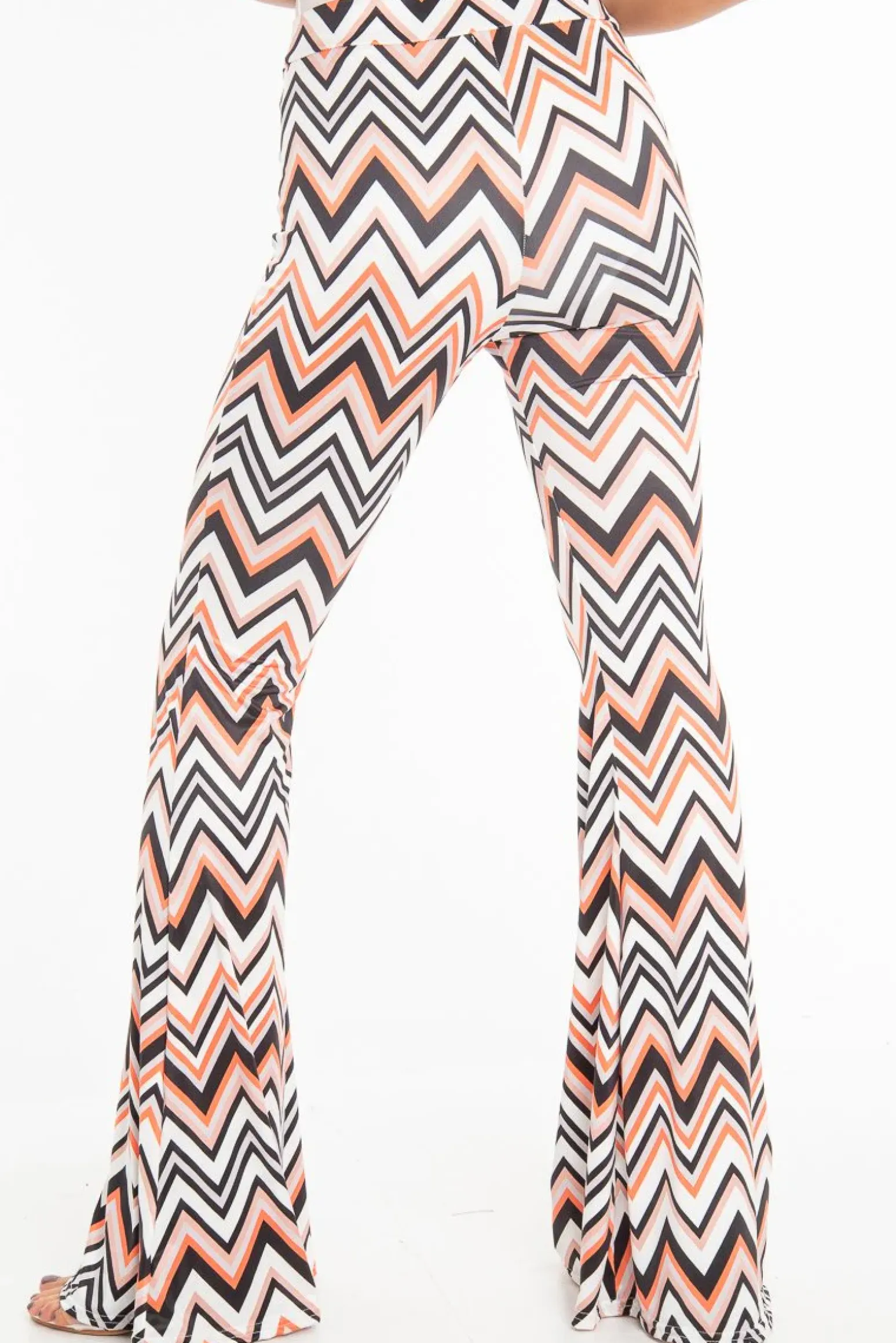 Rebellious Fashion Orange Black and White Zig-Zag Print Flared Trousers - Mianna