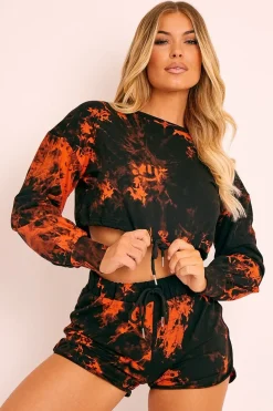 Rebellious Fashion Orange Black Tie Dye Sweatshirt Shorts Loungewear Set - Jessa