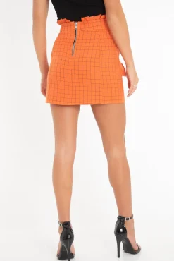 Rebellious Fashion Orange Blue Check Ruffle Waist Zip Front Skirt - Izzie