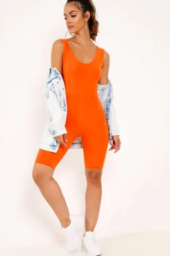 Rebellious Fashion Orange Bodycon Scoop Neck Unitard - Idalie