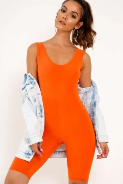 Rebellious Fashion Orange Bodycon Scoop Neck Unitard - Idalie