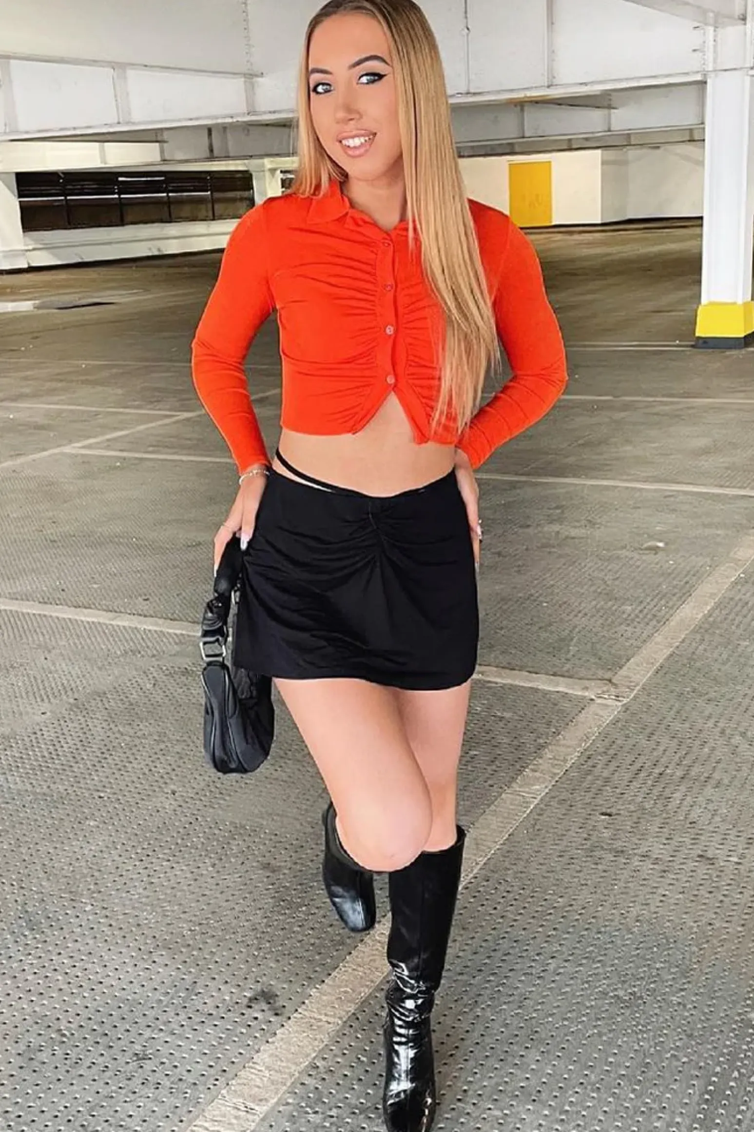 Rebellious Fashion Orange Button Front Gathered Crop Top - Aayana