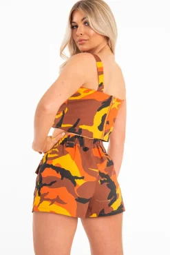 Rebellious Fashion Orange Camo Buckle Crop Top and Utility Shorts Co-ord - Anabell