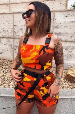 Rebellious Fashion Orange Camo Buckle Crop Top and Utility Shorts Co-ord - Anabell
