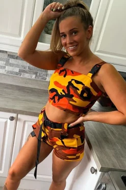 Rebellious Fashion Orange Camo Buckle Crop Top and Utility Shorts Co-ord - Anabell