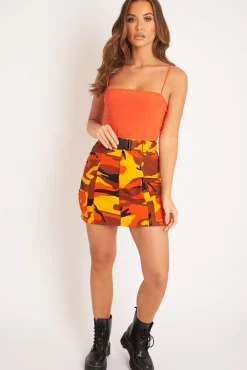 Rebellious Fashion Orange Camo Buckle Front Woven Utility Mini Skirt - Cally