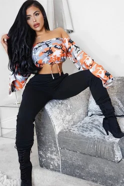 Rebellious Fashion Orange Camo Extreme Flared Sleeved Crop Top - Dalis