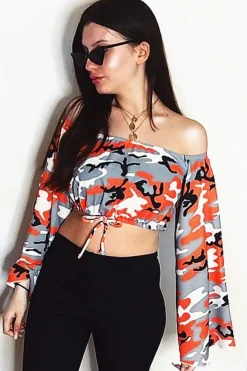 Rebellious Fashion Orange Camo Extreme Flared Sleeved Crop Top - Dalis