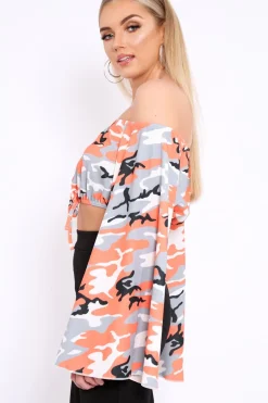 Rebellious Fashion Orange Camo Extreme Flared Sleeved Crop Top - Dalis