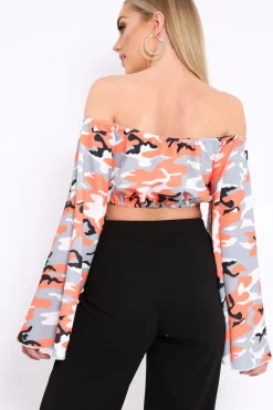 Rebellious Fashion Orange Camo Extreme Flared Sleeved Crop Top - Dalis