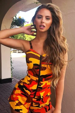 Rebellious Fashion Orange Camo Front Zip Utility Buckle Playsuit - Rosia