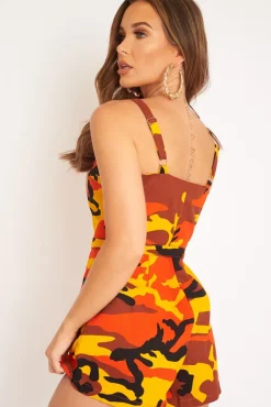 Rebellious Fashion Orange Camo Front Zip Utility Buckle Playsuit - Rosia