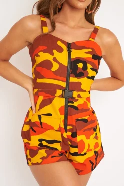 Rebellious Fashion Orange Camo Front Zip Utility Buckle Playsuit - Rosia