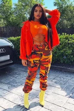 Rebellious Fashion Orange Camo Printed Cargo Trousers - Vivi