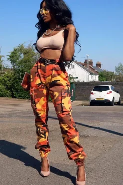 Rebellious Fashion Orange Camo Printed Cargo Trousers - Vivi