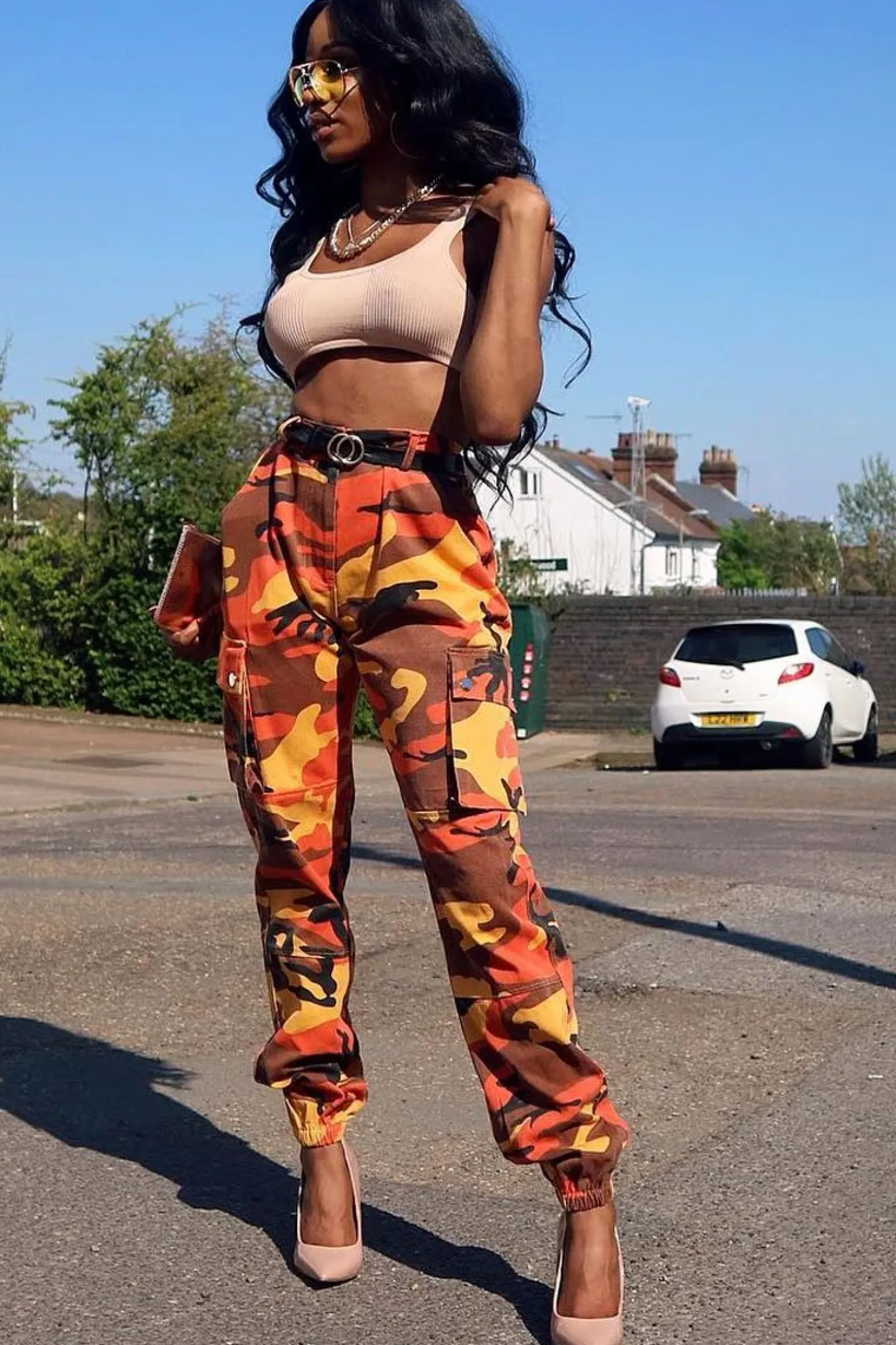 Rebellious Fashion Orange Camo Printed Cargo Trousers - Vivi
