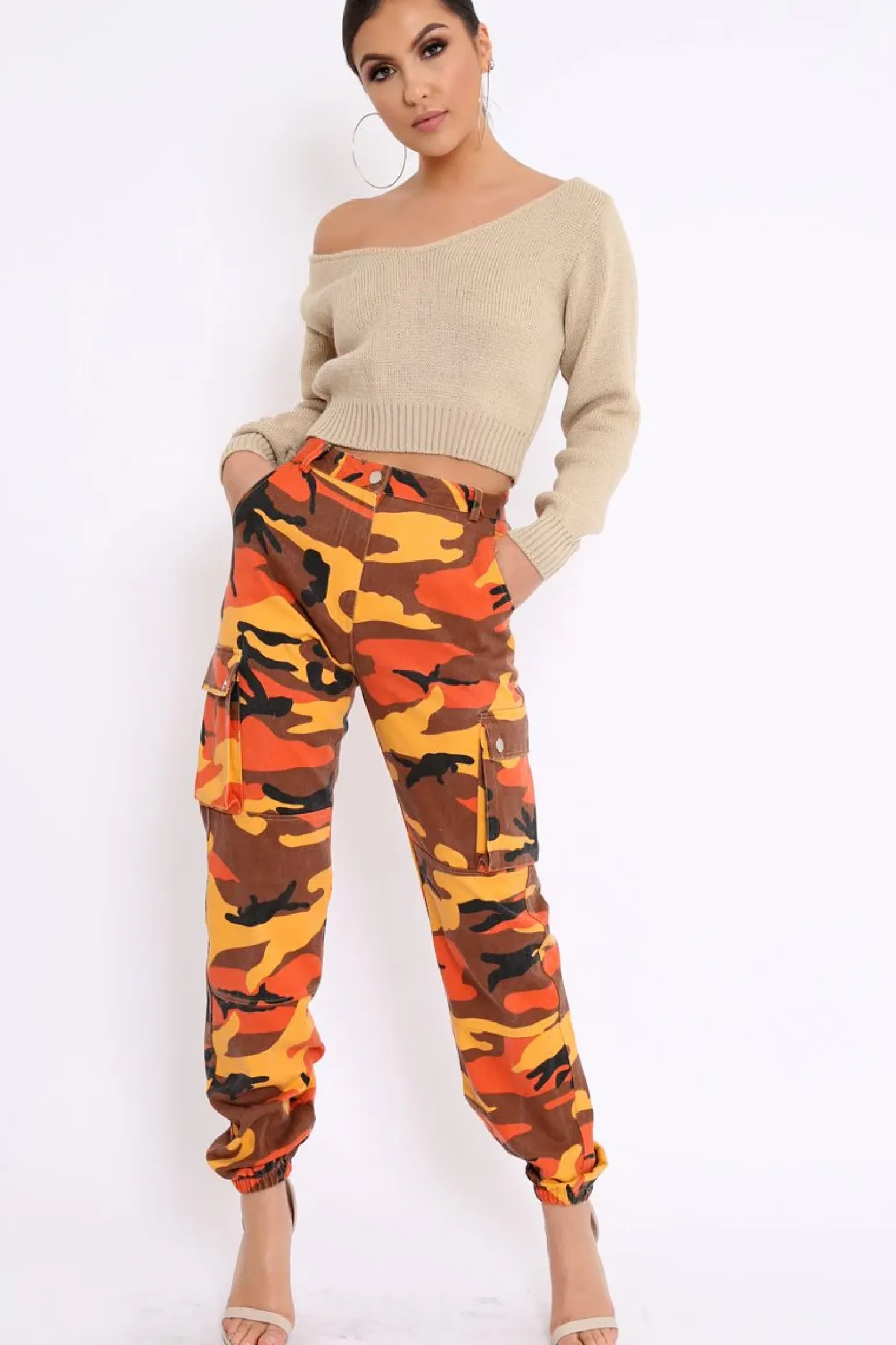 Rebellious Fashion Orange Camo Printed Cargo Trousers - Vivi