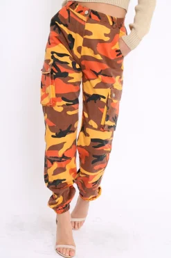 Rebellious Fashion Orange Camo Printed Cargo Trousers - Vivi