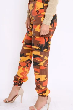 Rebellious Fashion Orange Camo Printed Cargo Trousers - Vivi