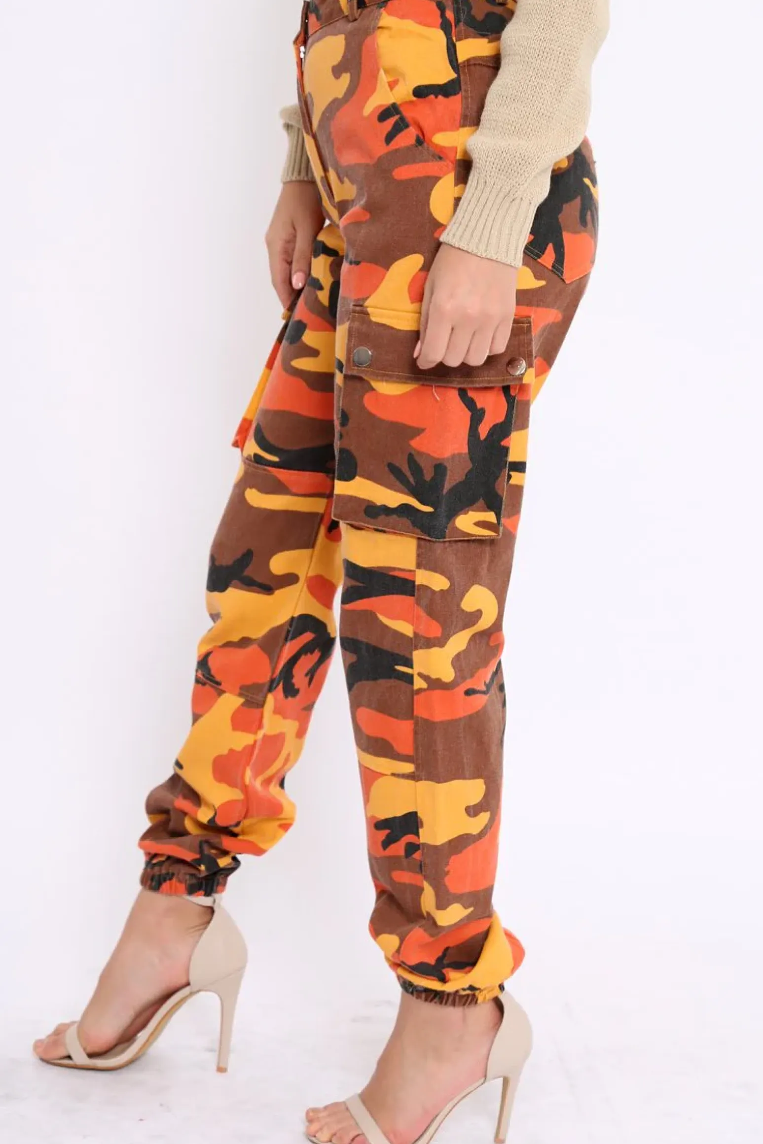 Rebellious Fashion Orange Camo Printed Cargo Trousers - Vivi
