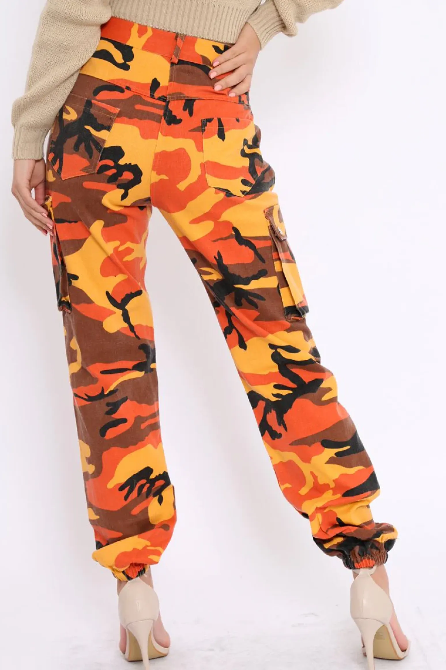 Rebellious Fashion Orange Camo Printed Cargo Trousers - Vivi