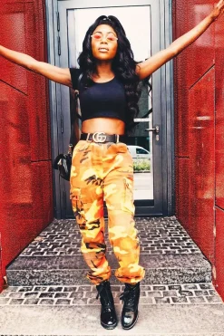 Rebellious Fashion Orange Camo Printed Cargo Trousers - Vivi