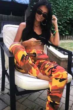 Rebellious Fashion Orange Camo Printed Cargo Trousers - Vivi