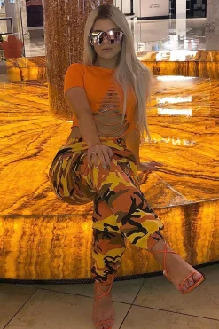 Rebellious Fashion Orange Camo Printed Cargo Trousers - Vivi
