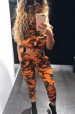 Rebellious Fashion Orange Camo Print Jumper And Joggers Co-ord - Kaelee