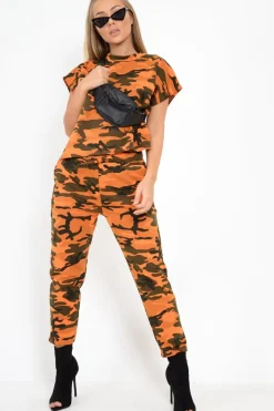 Rebellious Fashion Orange Camo Print Jumper And Joggers Co-ord - Kaelee