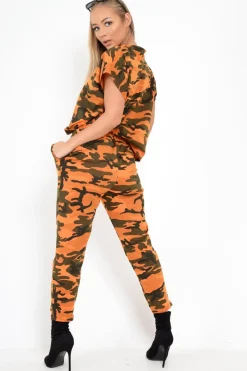 Rebellious Fashion Orange Camo Print Jumper And Joggers Co-ord - Kaelee